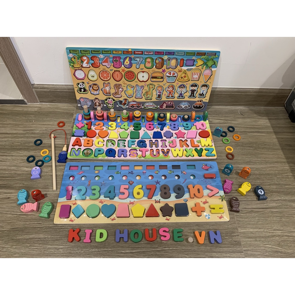 Bảng ghép hình gỗ chữ cái, số 7 in 1 6 in 1, đồ chơi thông minh cho bé phát triển trí tuệ thương hiệu KidHouse.vn
