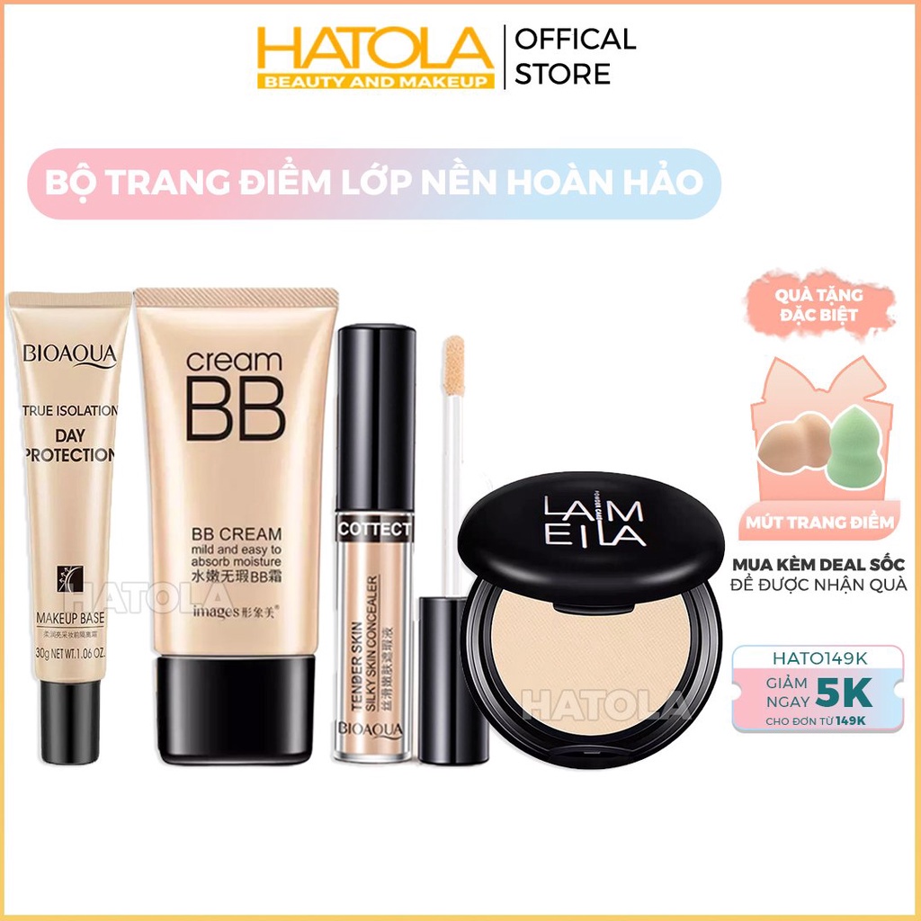 Sét trang điểm nền đầy đủ gồm kèm lót, kem nền, kem che khuyết điểm, phấn phủ đồ makeup Hatola