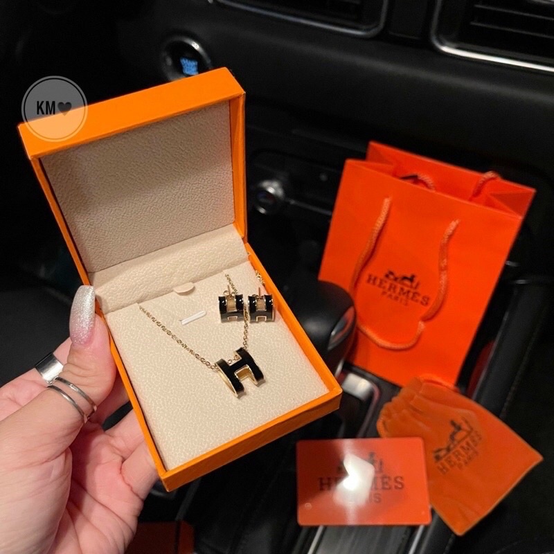 Set vòng cổ + khuyên tai chữ H, vòng cổ titan cao cấp, khuyên tai hàng hot girl thời trang, dây chuyền nữ thương hiệu