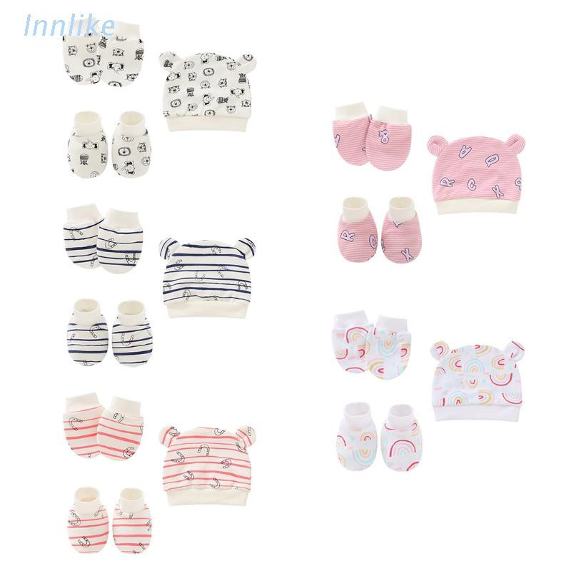 Bộ bao chân + mũ + bao tay cotton chống xước cho bé sơ sinh