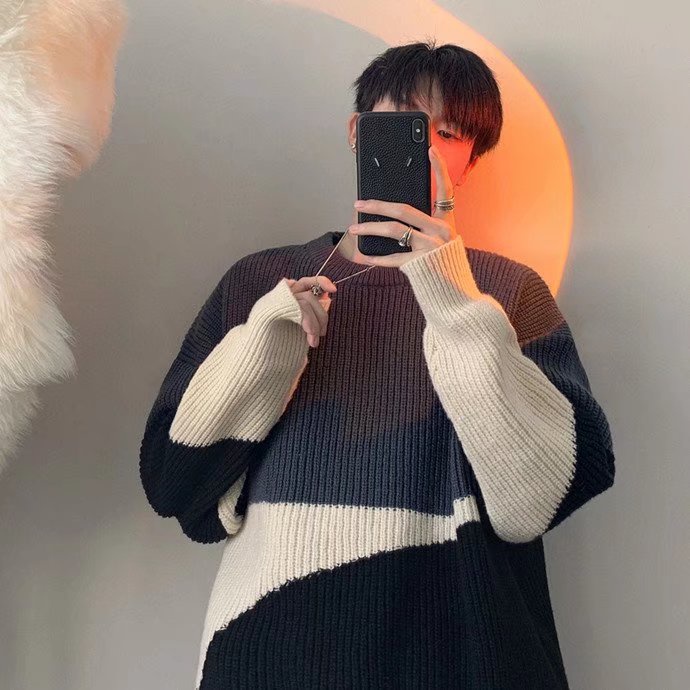 Áo Sweater Dệt Kim Dày Dặn Dáng Rộng Cổ Tròn Màu Tương Phản Thời Trang Thu Đông Cho Nam