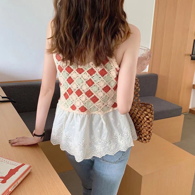 Brroa Áo Dệt Kim Không Tay Khoét Rỗng Thêu Họa Tiết Kim Cương Nhiều Màu Sắc Viền Xòe Pe Cho Nữ