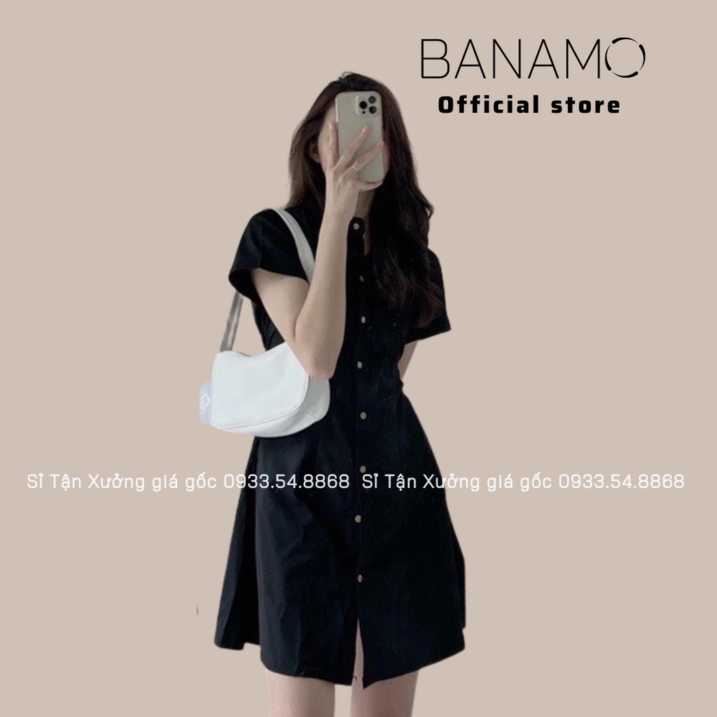 Đầm váy nữ basic Banamo fashion cổ sơ mi cài cúc chiết eo lưng chun cộc tay nhiều màu 5915