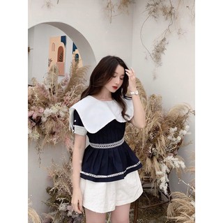 Áo peplum xanh phối trắng tiểu thư đẹp sang chảnh