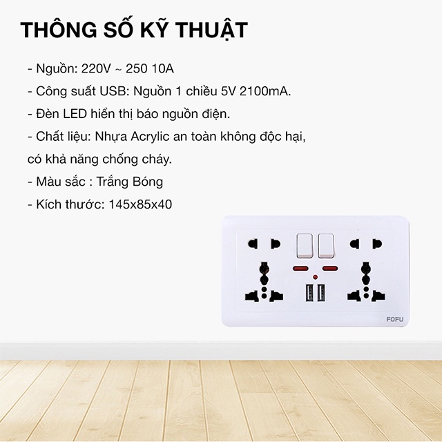 Ổ cắm điện âm tường mặt đôi có 2 cổng USB 2.1A, nhựa Acrylic an toàn không độc hại,khả năng chống cháy