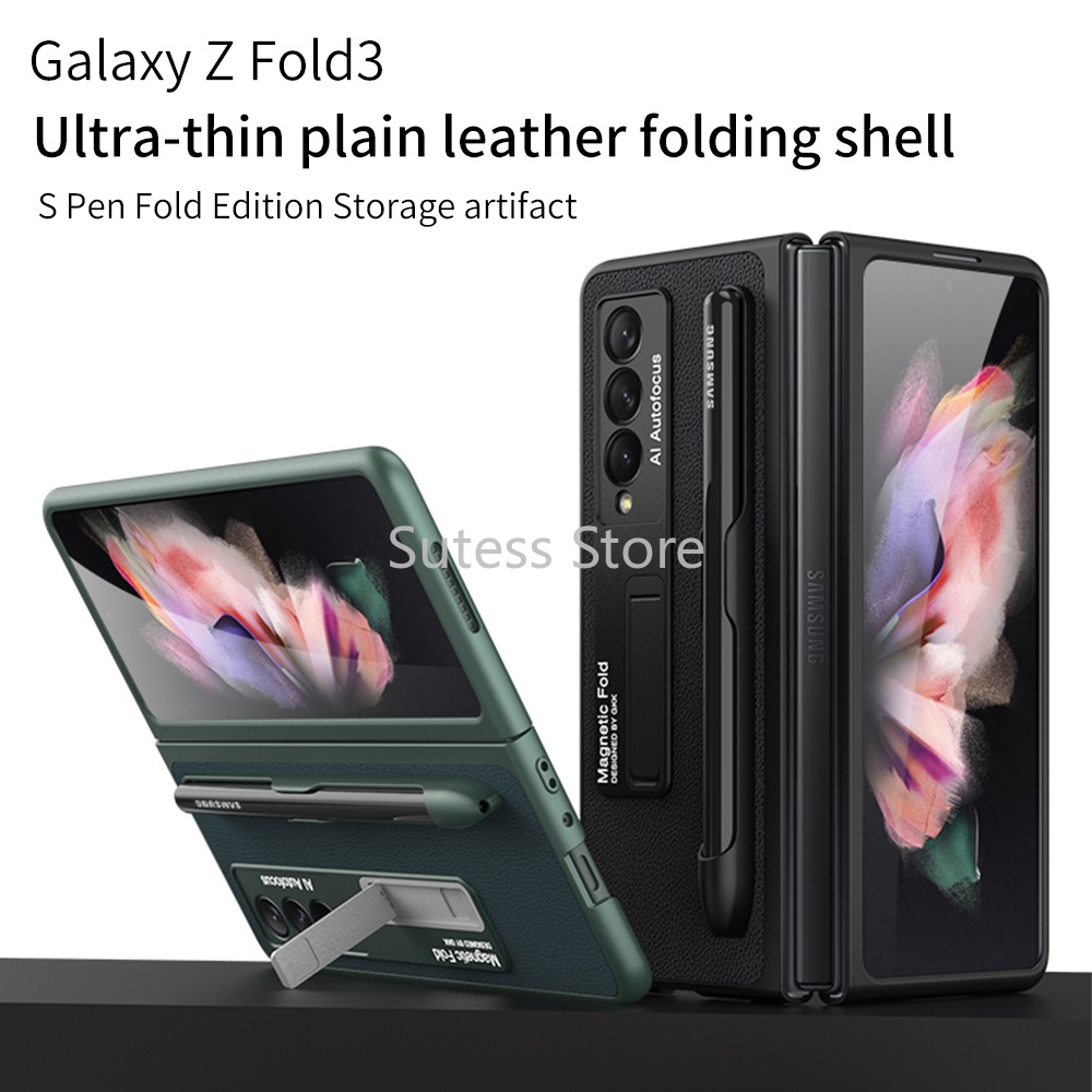 Ốp điện thoại da siêu mỏng có ngăn đựng bút và giá đỡ 360 độ cho GKK Samsung Galaxy Z Fold 3
