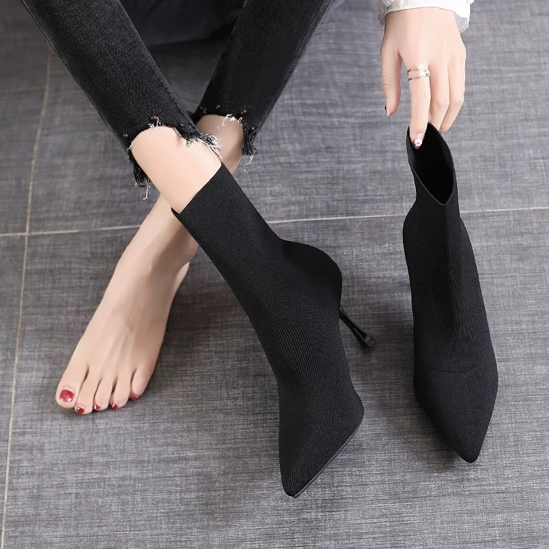 Giày Bốt Cao Gót Mũi Nhọn Phối Tất Mỏng Co Giãn Thời Trang Thu Đông Hàng Mới 2021 Dành Cho Bạn Nữ
