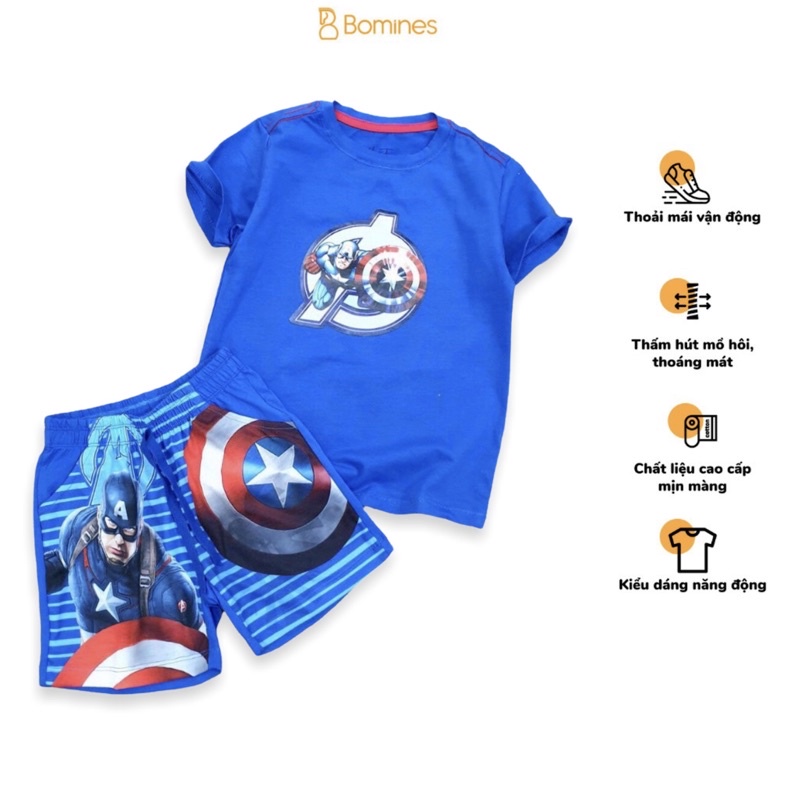 Đồ bộ bé trai siêu anh hùng Captain BOMINES vải cotton thoáng mát phù hợp cho trẻ em từ 3 đến 10 tuổi khoảng 12kg - 30kg