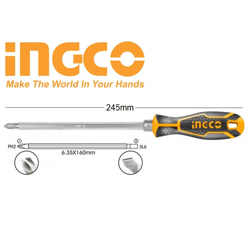 INGCO Tô vít Tuốc nơ vít 2 đầu PH2 SL6 6.35x160mm dài 250mm CRV AKISD0201