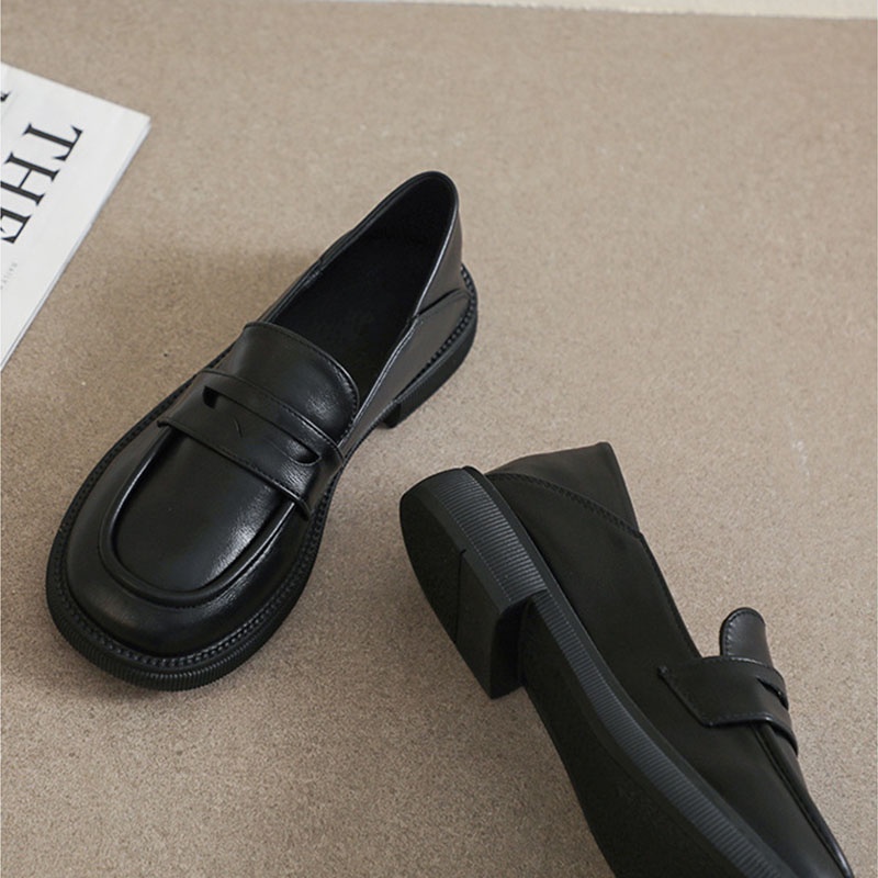 Big Size 35-43 Giày da đế bằng màu đen phong cách
