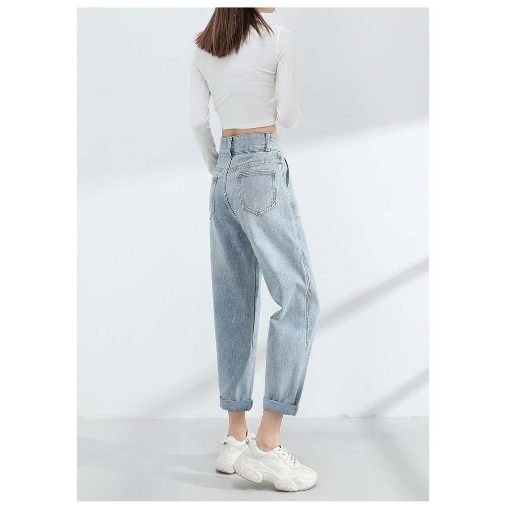 QUẦN BAGGY JEAN NỮ LƯNG CAO 2 NÚT 2 TÚI HỘP TRƯỚC ĐĨA CHÉO MÀU XANH NHẠT, LAI CUỐN CAO CẤP HADI CHUẨN CƯNG NÀNG XINH
