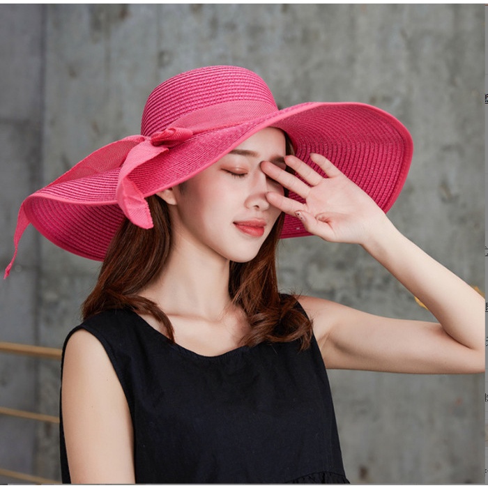 Mũ cói rộng vành, nón cói mũ cói đi biển rộng vành chất cói mềm phối dây nơ đẹp