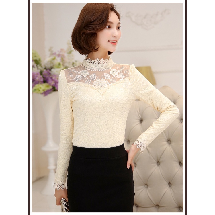 Áo Cổ Cao Phối Ren Thời Trang Thu Đông Cho Nữ Ale43
