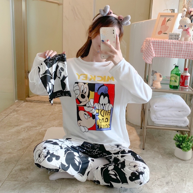Đồ bộ thun tay dài Quảng Châu, pijama quần dài, đồ mặc ở nhà họa tiết hoạt hình dễ thương, bộ mặc nhà tặng kèm túi