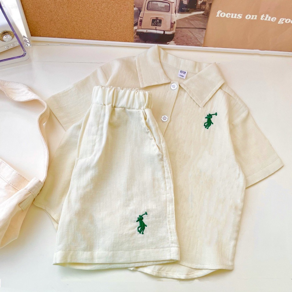 Bộ Quần Đùi Áo Sơ Mi Trẻ Em Cho Bé Trai Và Bé Gái Chất Liệu Vải Đũi Mềm Mịn Thoáng Mát Anh Store