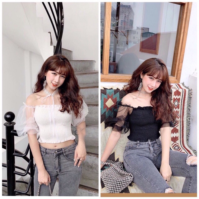 Áo trễ vai tay phối lưới croptop hót hè