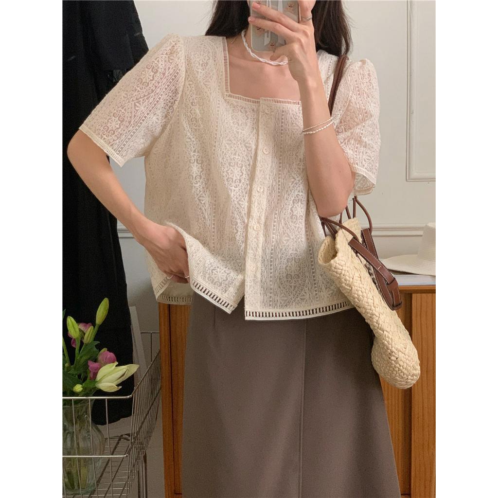 Áo Tay Ngắn Cổ Vuông Phối Ren Thêu Họa Tiết Tinh Tế Phong Cách Hàn Quốc Mới 52354