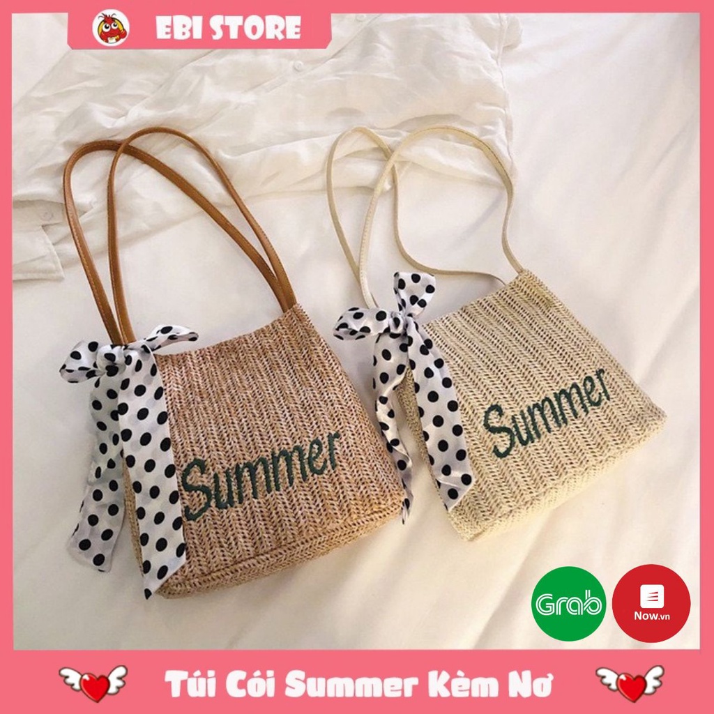 Túi Cói Đeo Vai Thêu Chữ SUMMER Tặng Kèm Khăn