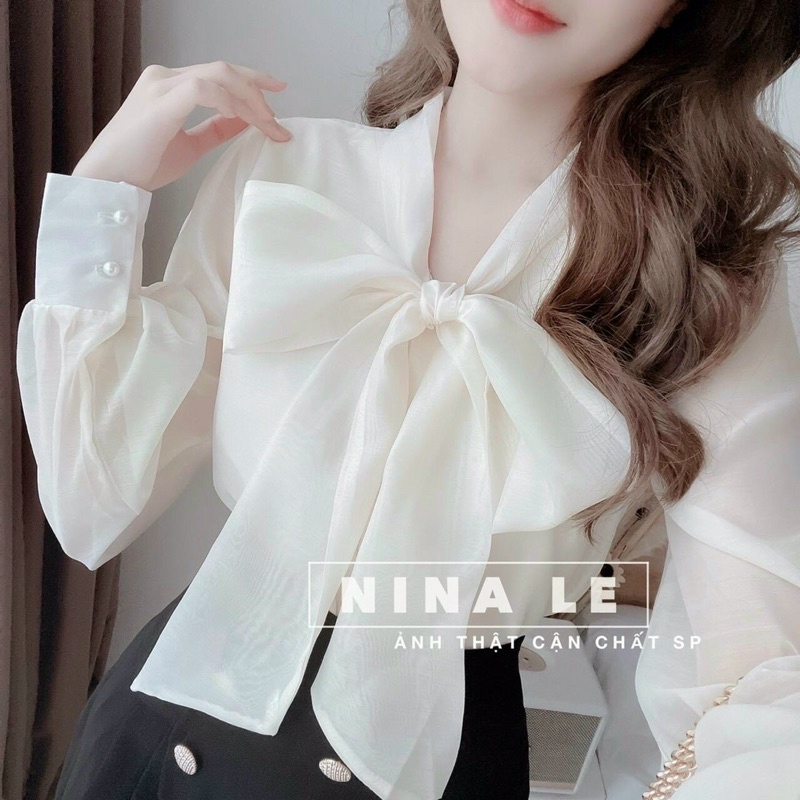 áo sơ mi vải tơ cổ nơ dài tay