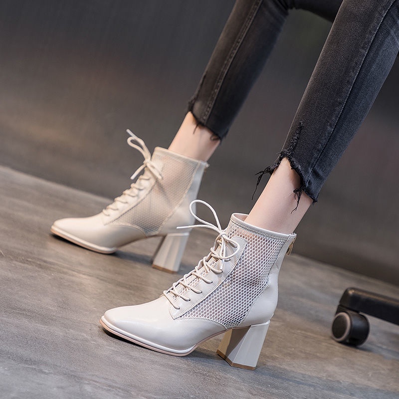 Giày Bốt Martin Cao Gót 2022 Thiết Kế Mới Phối Lưới Rỗng Thời Trang Xuân Hè Cho Nữ