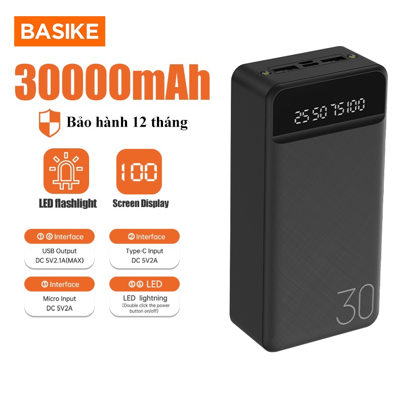 Sạc dự phòng Basike 30000mah với 2 cổng usb type-c và micro usb đa năng cho Huawei Xiaomi