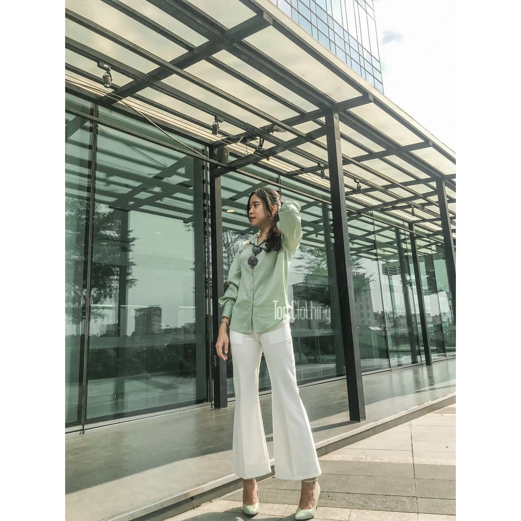 Áo sơmi nữ Ton.Clothing sơmi tay dài vải lụa MANGO dáng đẹp phù hợp đi làm đi chơi màu xanh mint SMI004