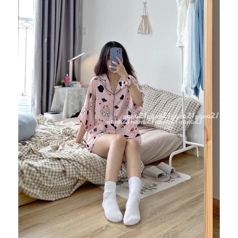 PIJAMA Nữ Bò Sữa Cute 🦋 Đồ Ngủ Set Mặc Nhà Bò Sữa Mũi Hồng 🦋