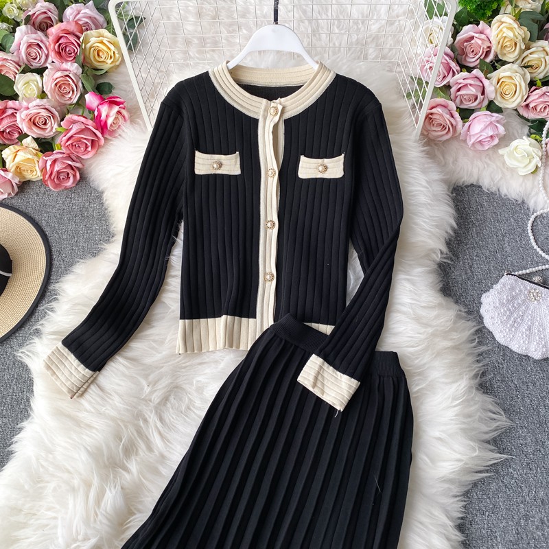 Set váy áo len thanh lịch chân váy xếp ly và áo khoác len cardigan áo chui đầu Đ254