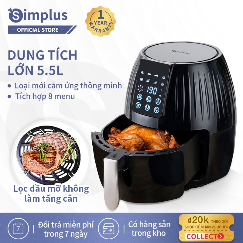 Simplus Nồi chiên không dầu cảm ứng thông minh dung tích lớn 5.5L Simplus đa chức năng