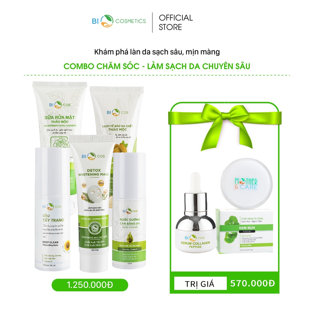 Combo Chăm Sóc Và làm Sạch Da Chuyên Sâu BIOCOS ( Bộ 5 Sàn Phẩm) Tặng kèm Serum Collagen 20ml + Kem Mụn 25g