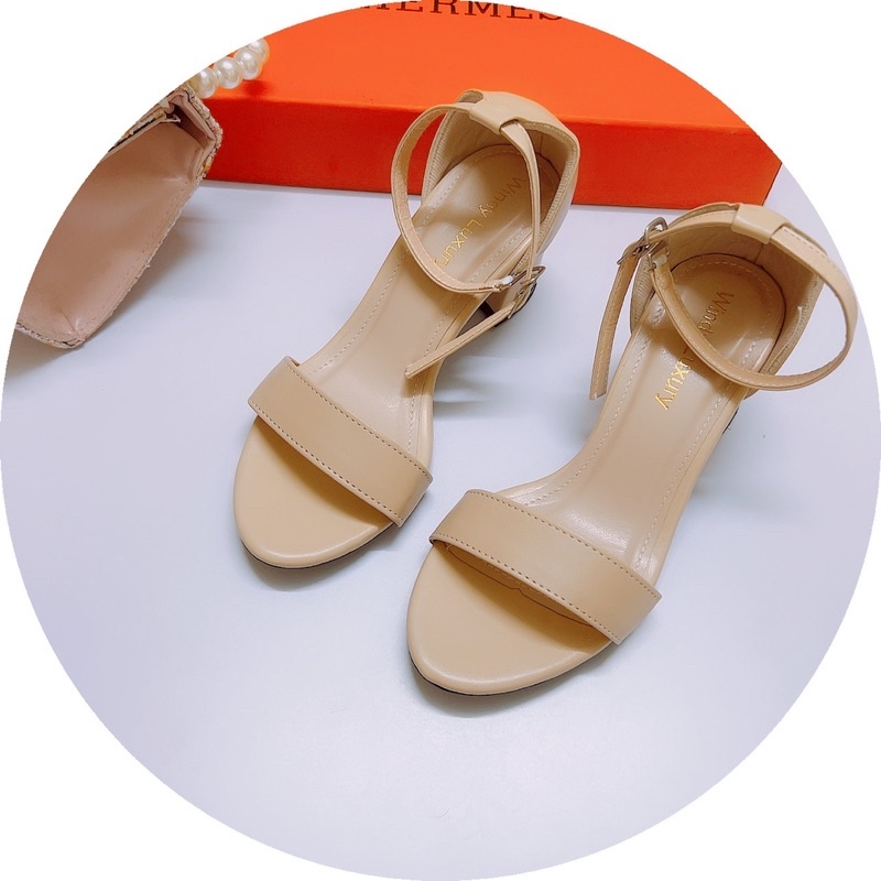 Giày sandal quai ngang da lì gót vuông 5p bít gót mũi tròn hàng đẹp-Ảnh chụp thật