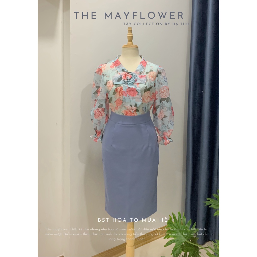 Áo sơ mi tơ hoa phối nơ cổ tiểu thư Tây Collection Design