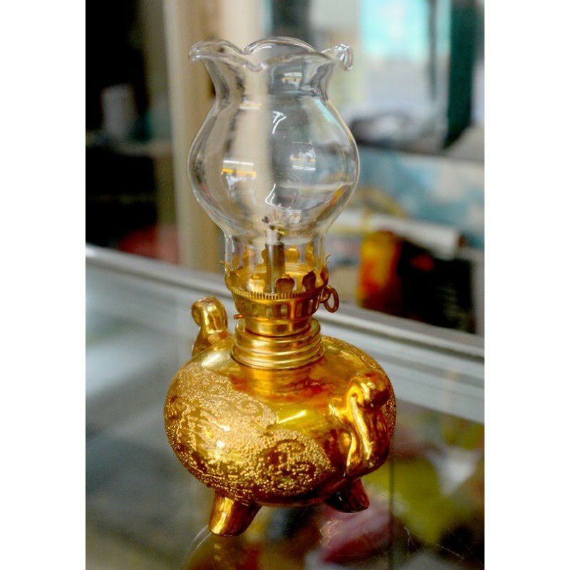 Đèn dầu sứ kim sa vàng cao 16cm