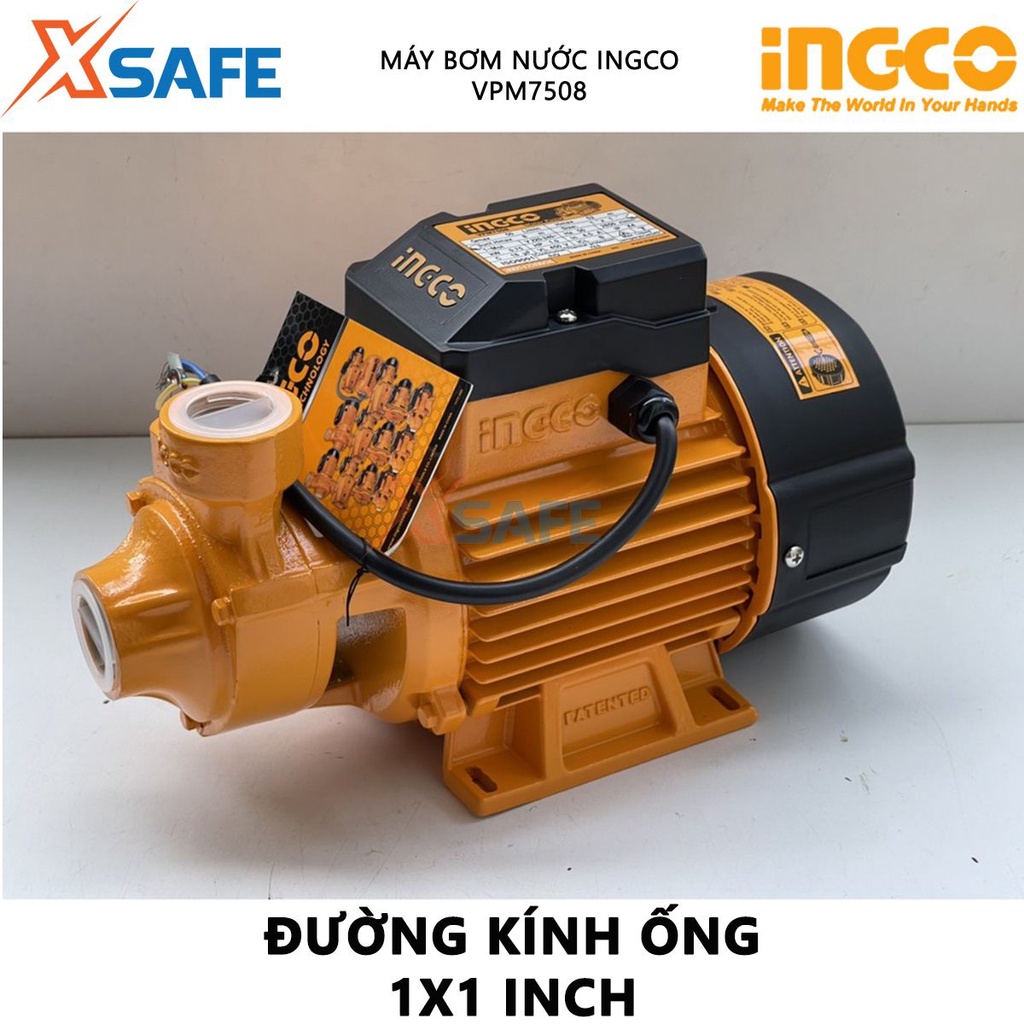 Máy bơm nước INGCO VPM7508 Máy bơm tăng áp 750W(1HP), chiều cao bơm tối đa 52m, độ hút sâu 8m, mô tơ dây đồng - [XSAFE]