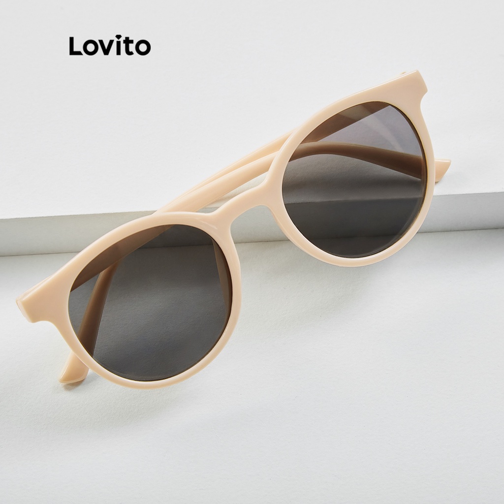 Kính mắt Lovito gọng tròn tròng có màu kiểu retro thường ngày với hộp đựng L17M182 (Màu be/Hồng)
