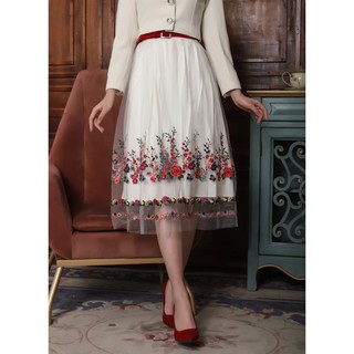 Chân váy thiết kế cao cấp, thêu hoa, voan trắng, phong cách tiểu thư, vintage, chân váy xòe midi