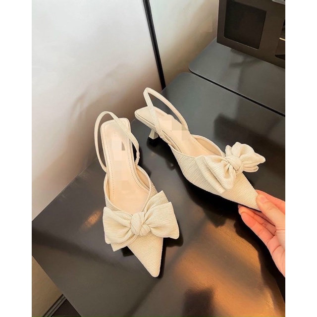 Giày Sandal nữ vải xước đính nơ cao cấp gót nhọn 2cm phong các tiểu thư sang chảnh