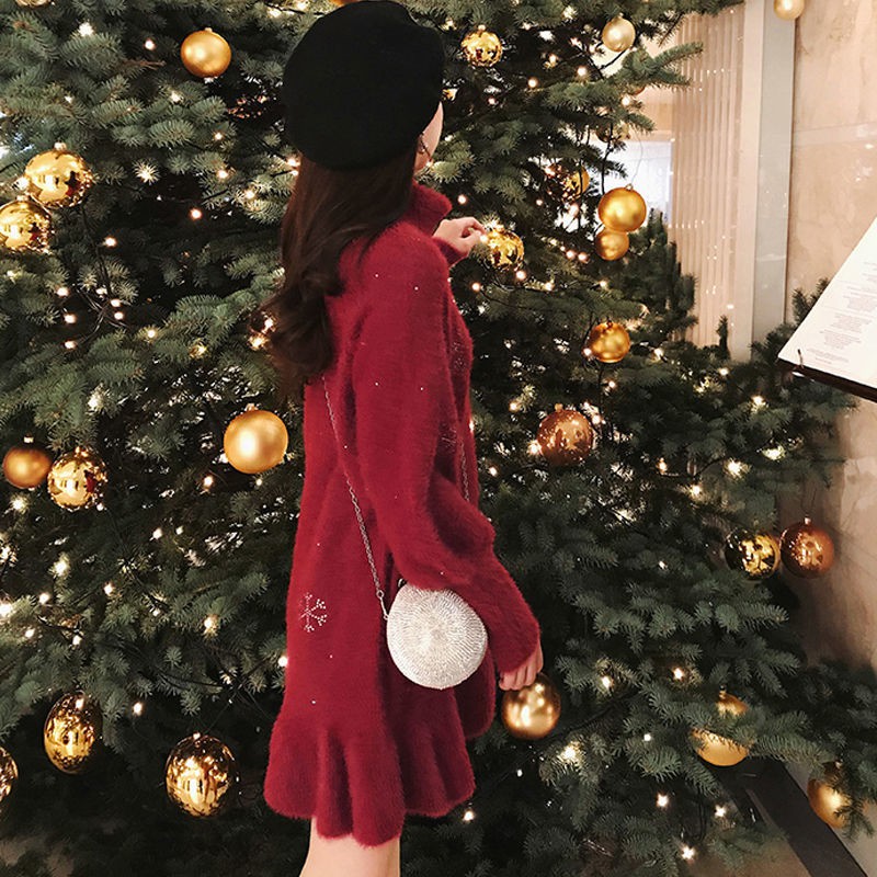 🎄Merry Christmas🎄 Đầm dệt kim cổ lọ dáng suông dài qua gối thời trang thu đông cho nữ