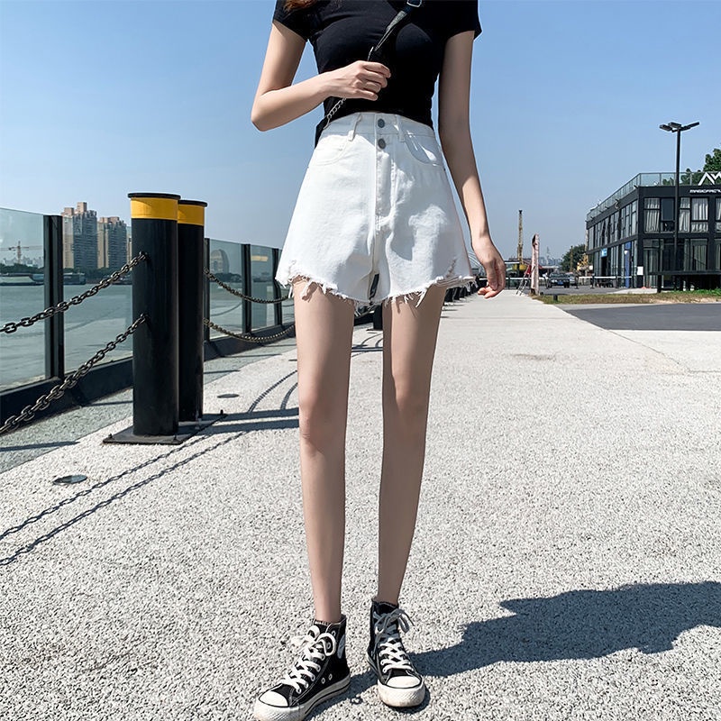 Quần short jean hình chữ A cạp cao ống rộng phối rách phong cách mùa hè Hàn 2021 mới cho nữ