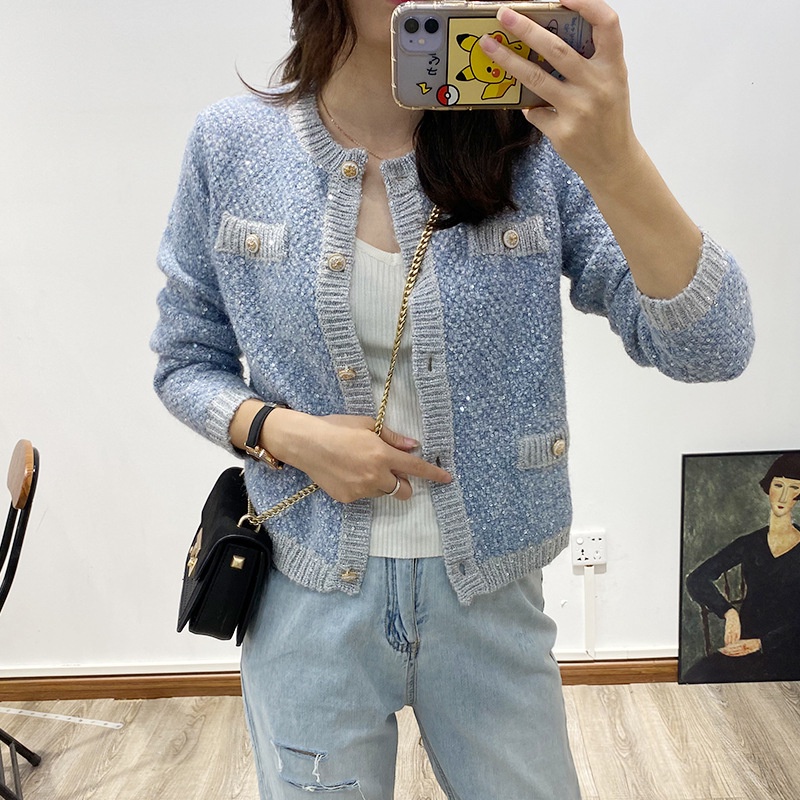 5BJS Maje 2022 French classic light blue sequin knitted cardigan short coat women's top