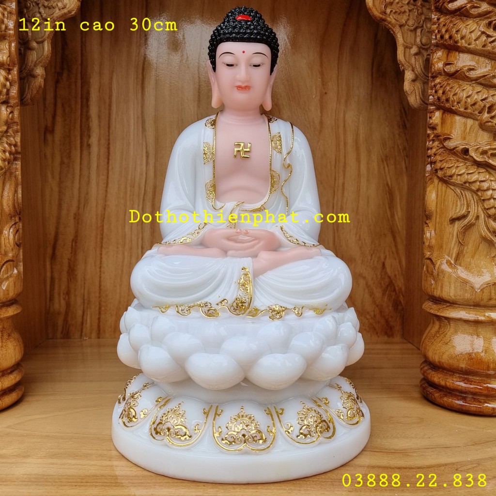 Tượng Phật Thích Ca đá màu trắng 12in cao 30cm mẫu mới