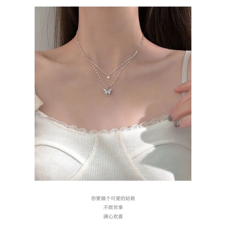 Dây Chuyền Hai Lớp Mặt Hình Bướm Đính Đá Sáng Lấp Lánh Cho Nữ