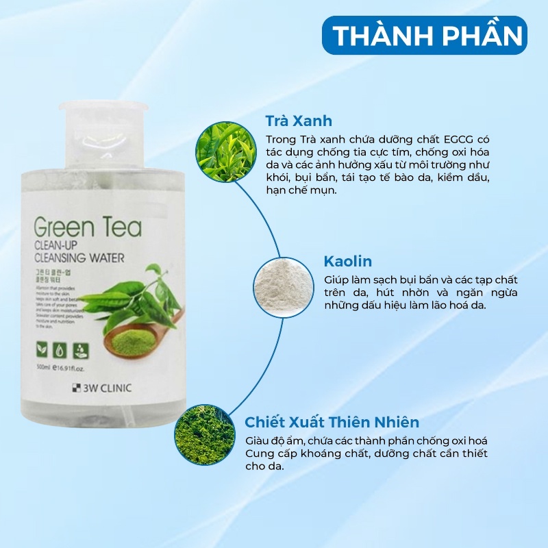 Nước Tẩy Trang - Tẩy Trang Làm Sạch Tinh Chất Trà Xanh 3w Clinic Hàn Quốc 500ml