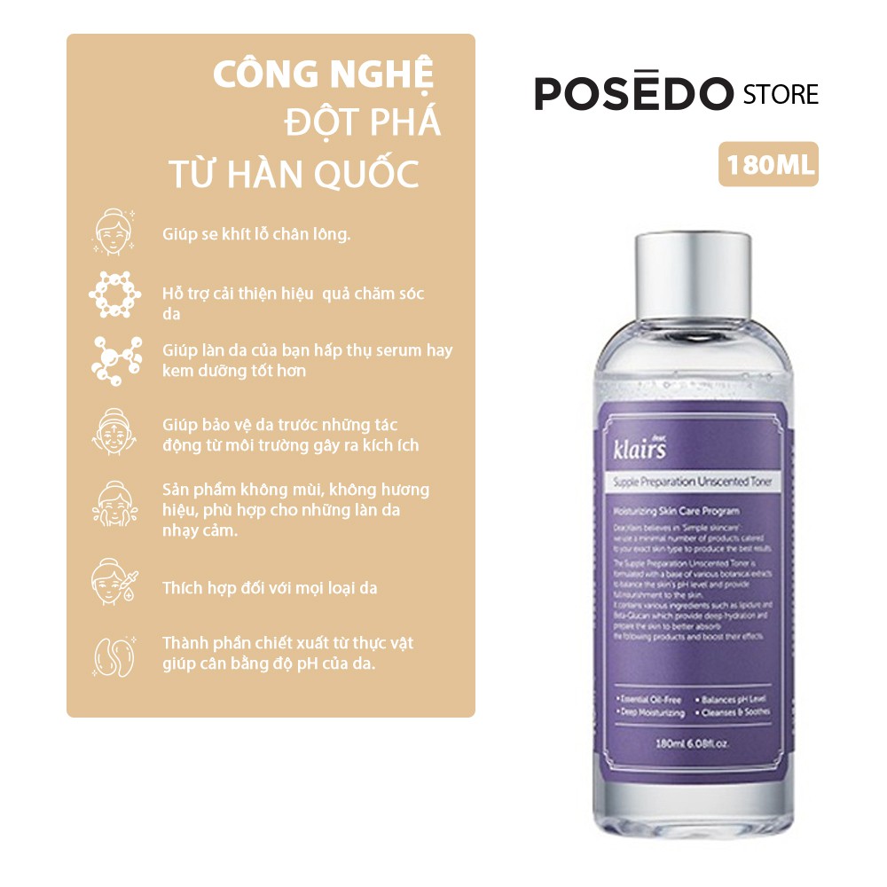 Nước Hoa Hồng Klairs - Supple Preparation Unscented Toner 180ml