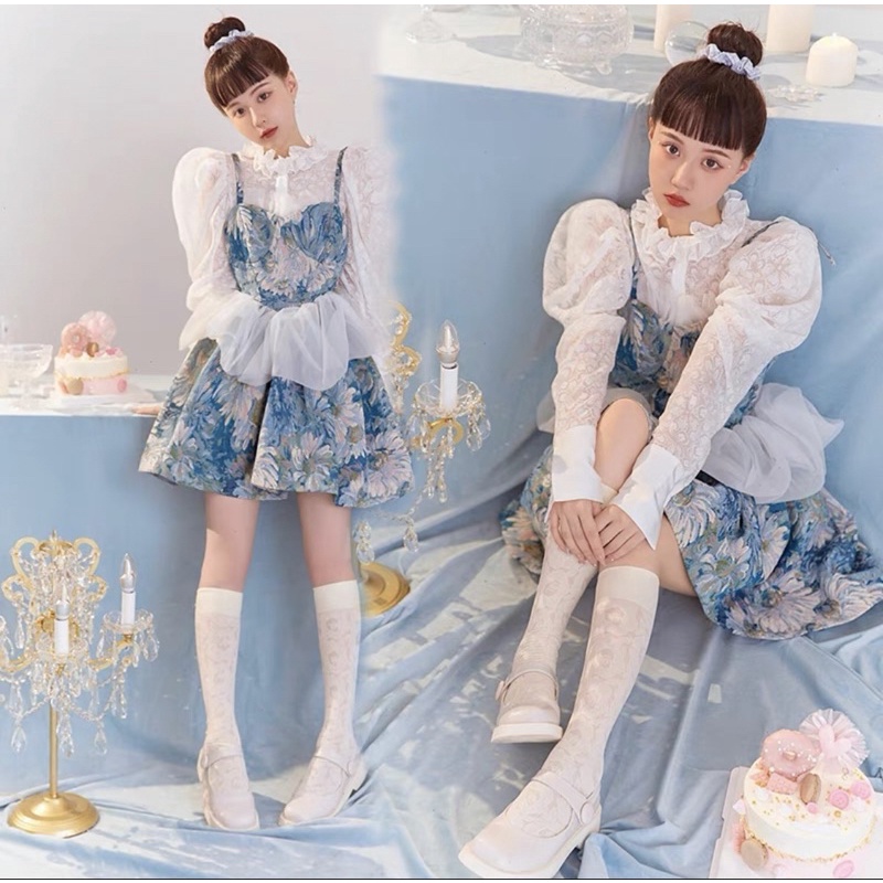 GINA DRESS Đầm xanh hoạ tiết hoa sơn dầu vintage phong cách cổ điển thanh lịch SAM SAM BOUTIQUE