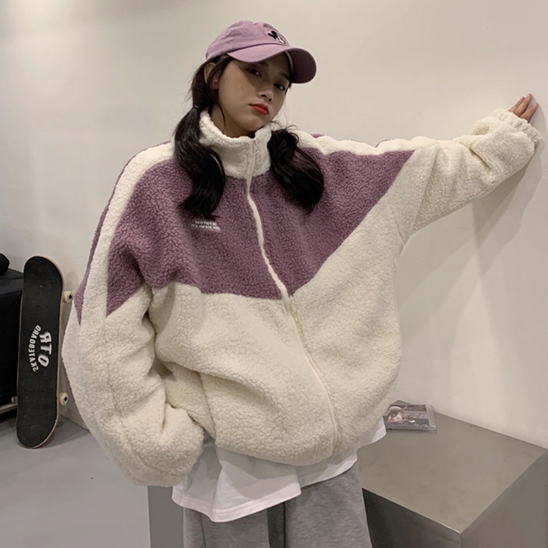 Áo khoác giả lông cừu dáng rộng phối khóa kéo màu tương phản phong cách Hàn Quốc cho nữ