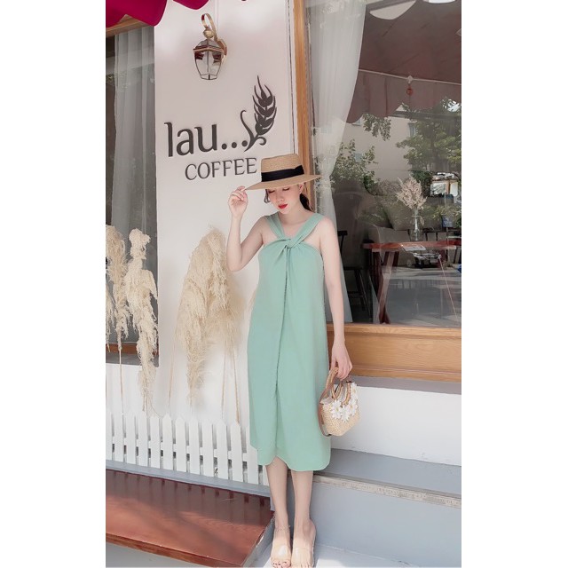 [ Mã FAMAYWA2 giảm 10K đơn 50K] Váy Đũi Cổ Yếm Đầm Xoắn Ngực Dáng Dài Thiết Kế Sang Chảnh | BigBuy360 - bigbuy360.vn