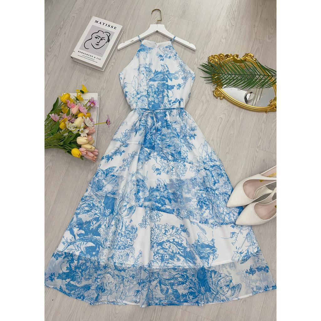Váy maxi tơ cổ yếm  thắt đai tuỳ ý quá xinh -v277