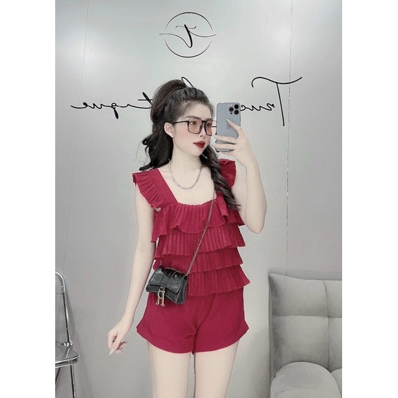 Set xếp ly đùi 3 tầng quần ngắn màu trơn chất lụa