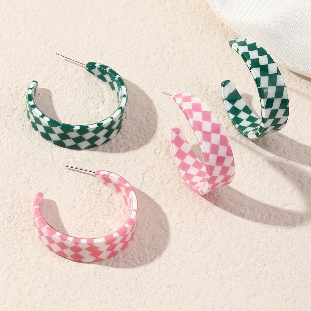 Khuyên Tai Dạng Hạt Resin Hình Chữ C Kẻ Sọc Caro Thanh Lịch Làm Quà Tặng Cho Bạn Gái